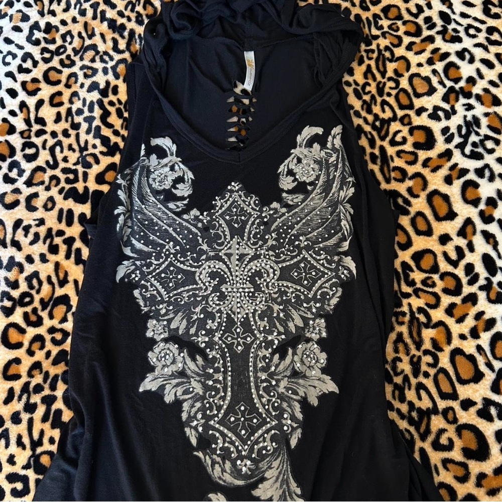 Y2K Affliction Style Goth Rhinestone Angel Wing Fleur De Lis Tank